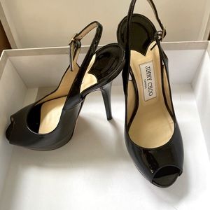 JIMMY CHOO BLACK PATENT LEATHER SLING BACK HEELS